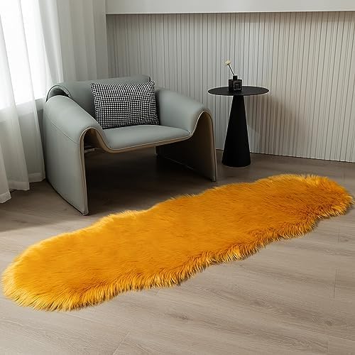 Faux Fur Sheepskin Runner Rug Yellow 2x6 ft Ultra Soft Shaggy Plush Fluffy Fuzzy Area Carpet Decorative Chair Cover Floor Mat for Bedroom Sofa Living Room Bedside