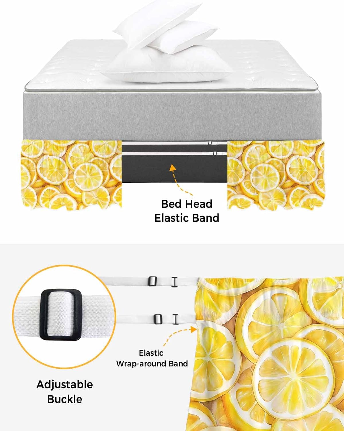 Lemon Bed Skirt Queen Size 16 Inch Drop, Adjustable Elastic Wrap Around Bed Skirts Easy Fitting Dust Ruffle Bedskirt Bed Frame Cover Summer Watercolor Yellow Fruits