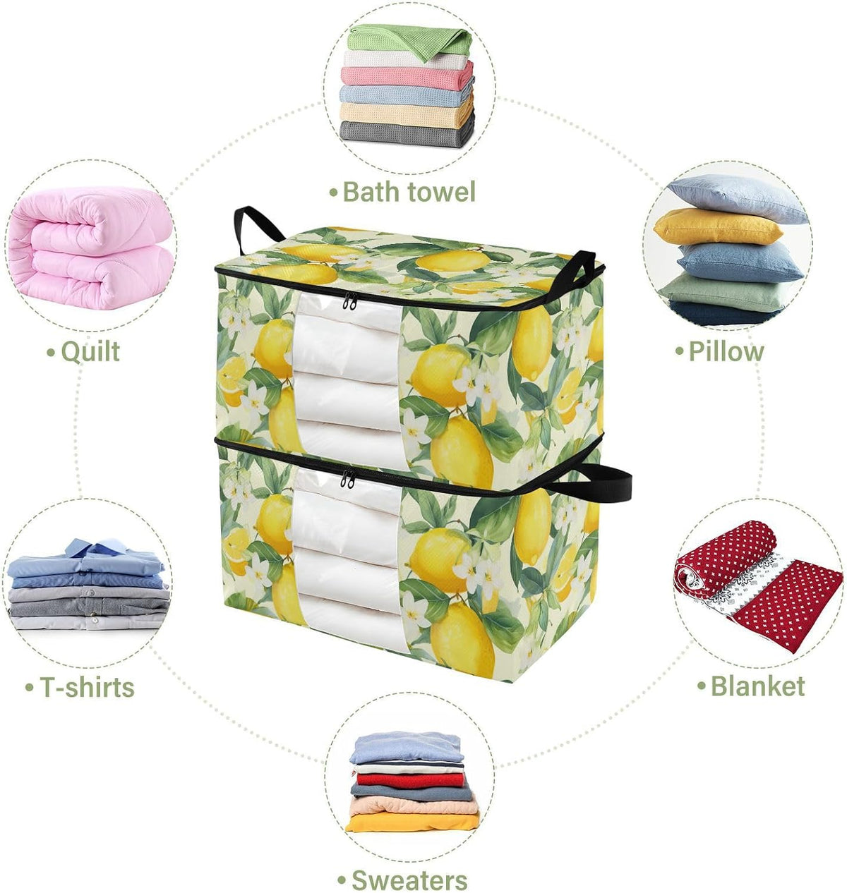 Floral Lemons Flowers Yellow Clothes Storage Bag Bins 2 Pack Foldable Storage Containers Large Closet Organizer with Zipper Storage Cubes for Bed Sheets Comforters Clothing 60L