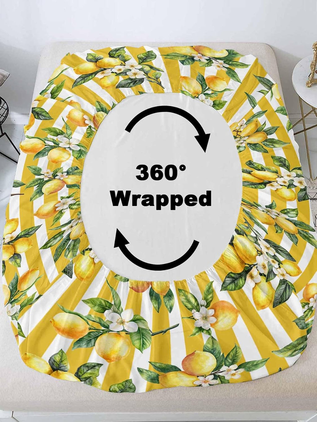 Floral Lemon Full Sheet Set Deep Pocket Fitted Sheet Sets Soft Breathable Yellow Stripes Sheet & Pillowcase Sets 3 Pieces Bed Sheets with Elastic Band Fits Mattress