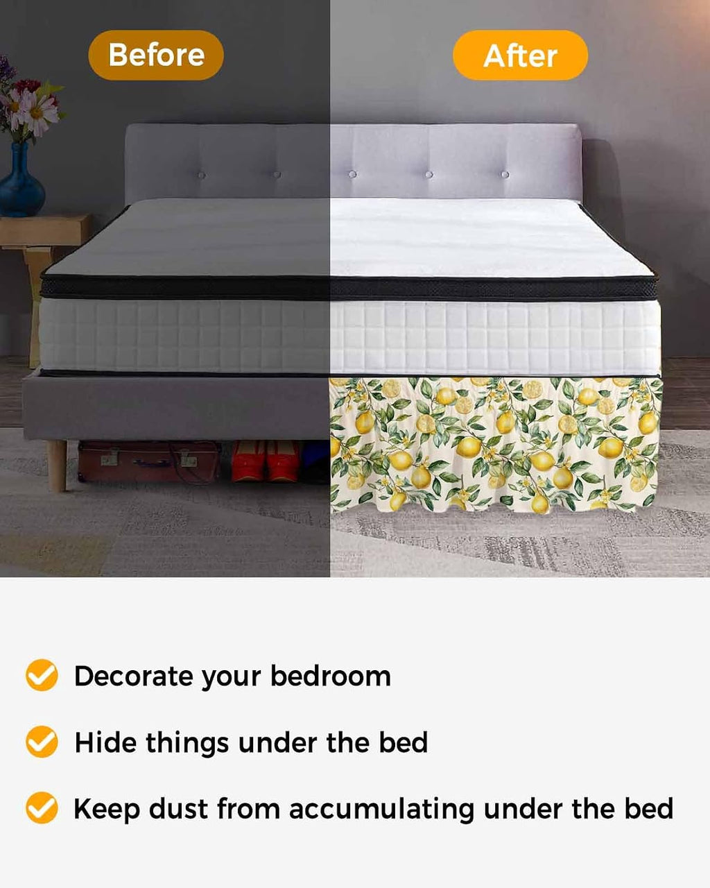 Yellow Lemon Bed Skirt Queen Size 16 Inch Drop, Adjustable Elastic Wrap Around Bed Skirts Easy Fitting Dust Ruffle Bedskirt Bed Frame Cover Spring Floral Flower Fruit Farmhouse Modern