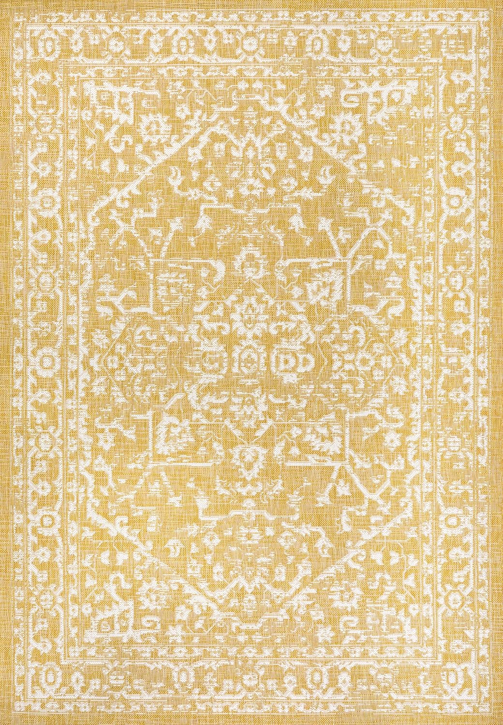 Boho Medallion Indoor Outdoor Area Rug 8X10 Yellow/Cream, Malta Textured Weave for Backyard, Patio, Porch, Easy-Cleaning, High Traffic, Pet-Friendly, Non-Shedding (SMB104G-8)