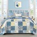 Quilts Queen Size, Blue Yellow Patchwork Pattern Summer Bedspread Bedding Set, 3 Pieces Soft Chic Plaid Coverlet with 2 Pillow Shams for All Season 96x90 Inch