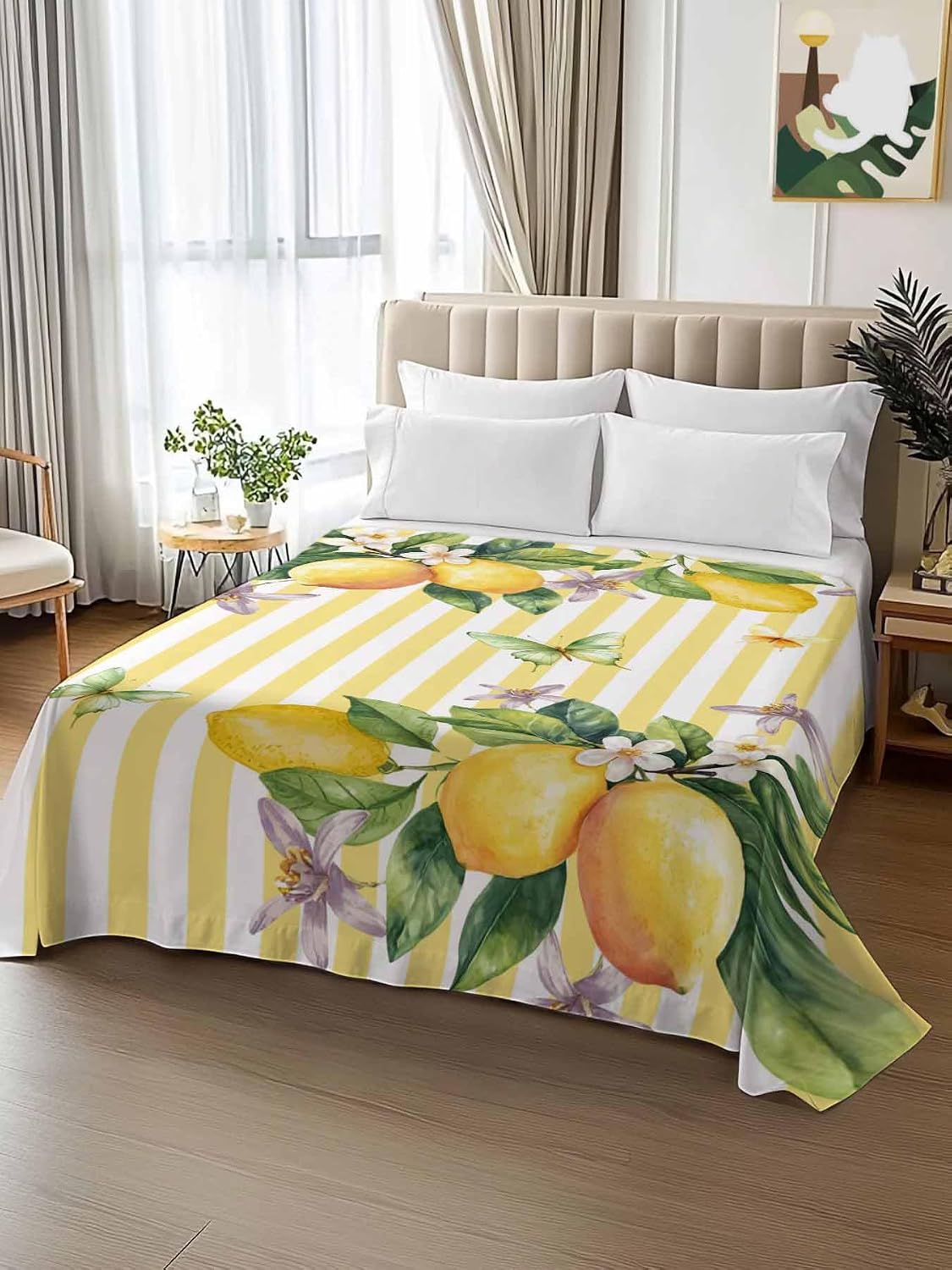 Flat Sheet Only Bedding Top Sheet Twin Lemon Fruits Floral Leaves Soft Microfiber Breathable Bed Sheets, Yellow Stripes Flat Sheets for Bedroom Sofa Men/Women