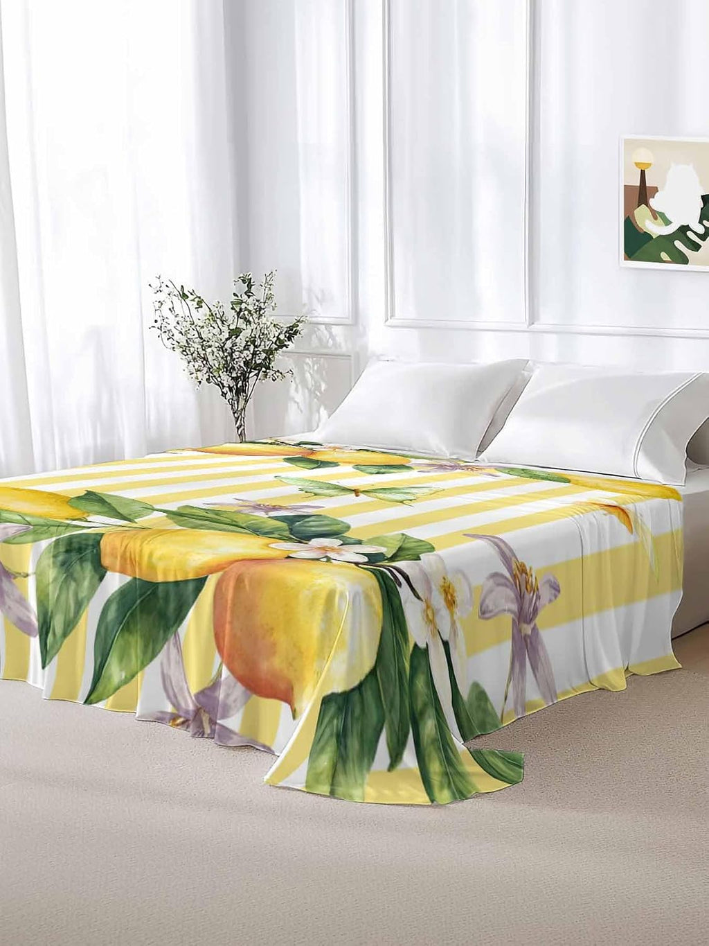 Flat Sheet Only Bedding Top Sheet Twin Lemon Fruits Floral Leaves Soft Microfiber Breathable Bed Sheets, Yellow Stripes Flat Sheets for Bedroom Sofa Men/Women