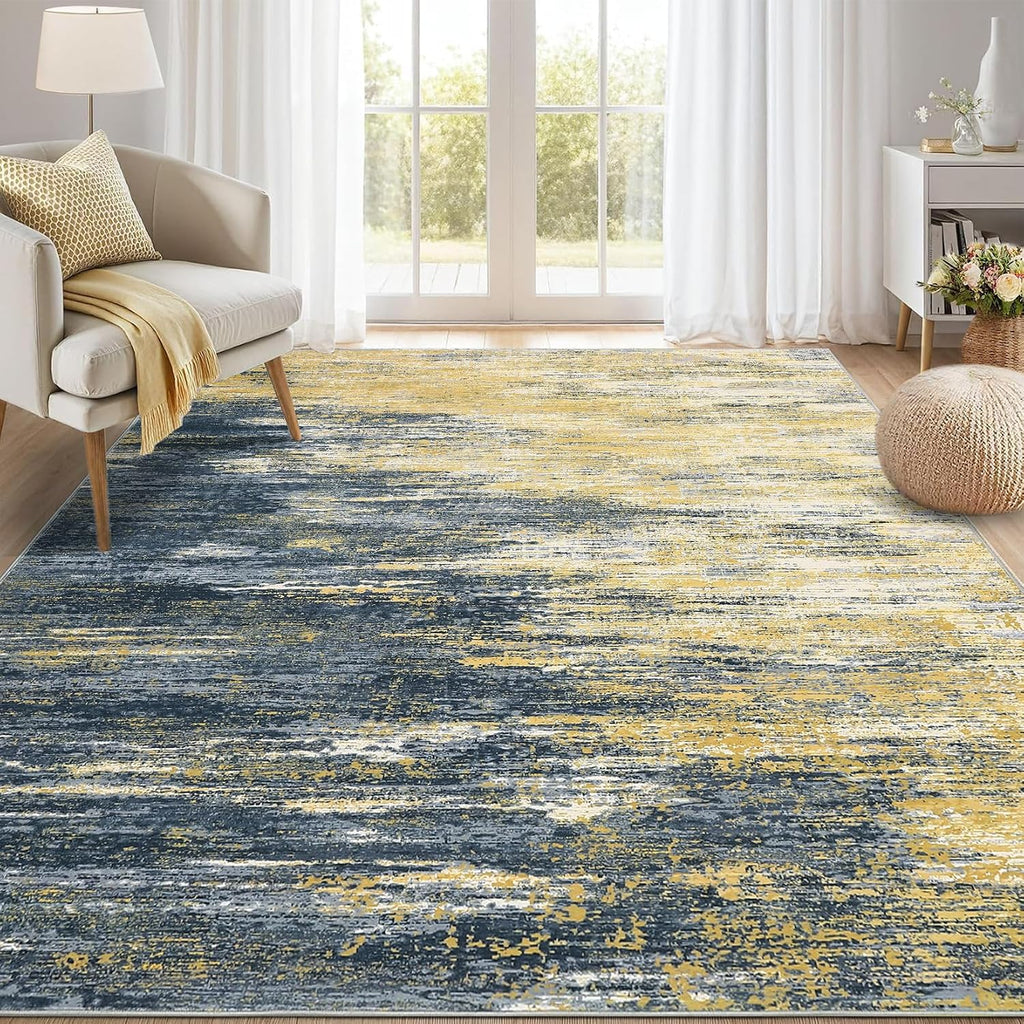 Modern Abstract Living Room Rug 8x10, Yellow/Black