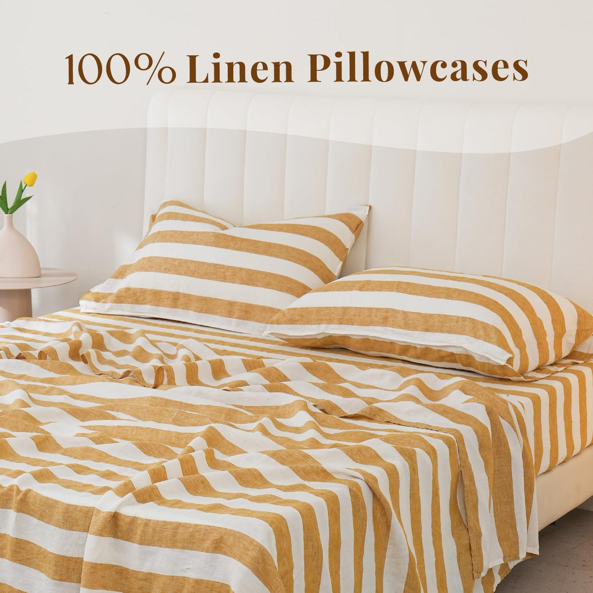 Stripe Linen Pillow Cases Set of 2,100% Organic French Natural Linen Soft Yarn Dyed Yellow Stripe Pillowcase,Standard 20"x30"