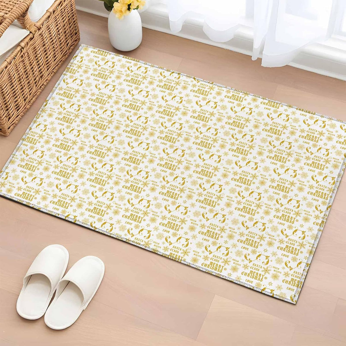 Christmas Winter 2x3 Area Rugs for Living Room, Snowflake Xmas Flower Yellow White Non Slip Floor Mat Washable Low-Profile Indoor Carpet for Bedroom, Dining Room, Bathroom