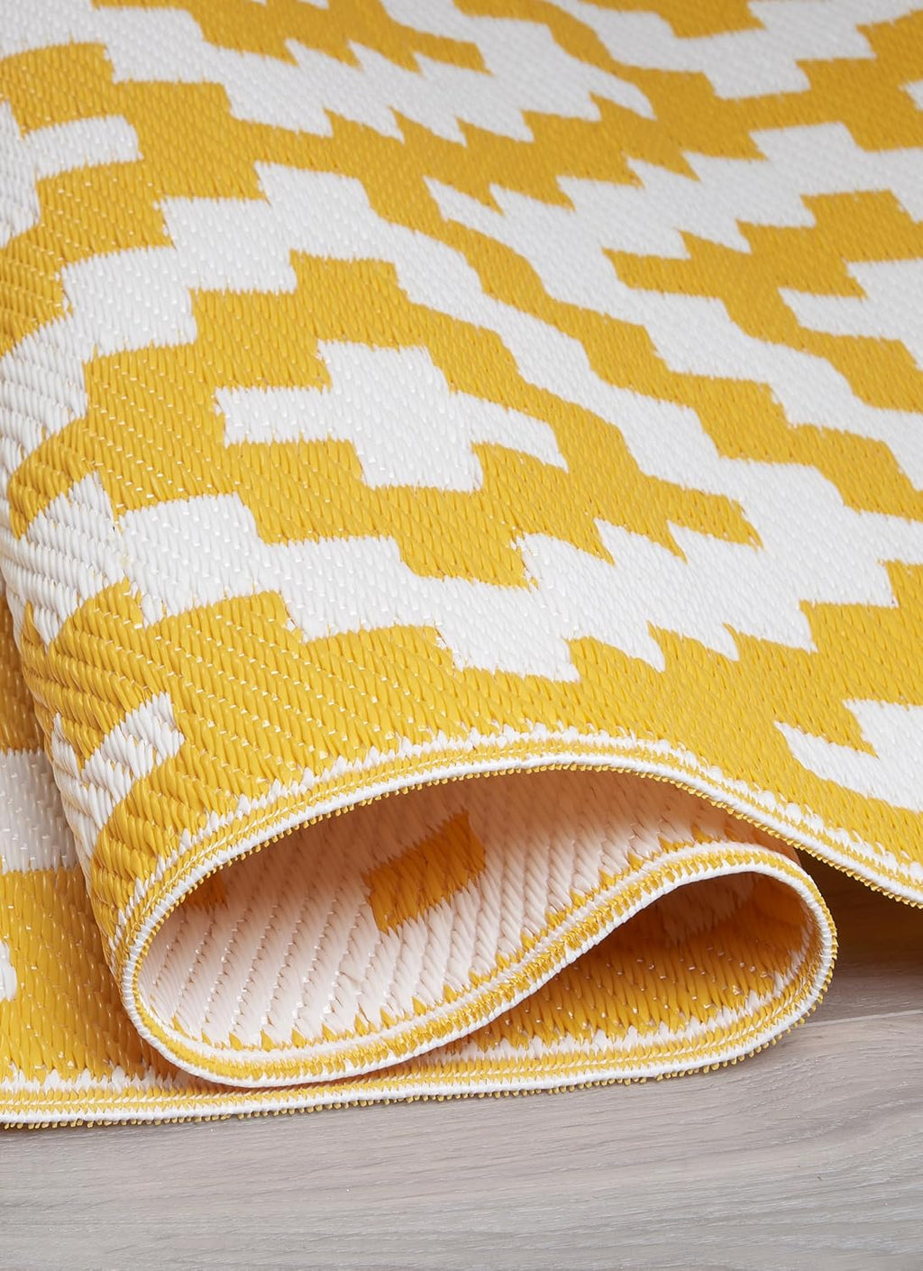 Outdoor Camping Rug - Waterproof, Fade Resistant, Reversible - Premium Recycled Plastic - Geometric - Picnic, Patio, Deck, Sunroom, RV - Aztec - Yellow & White - 4 x 6 ft Foldable