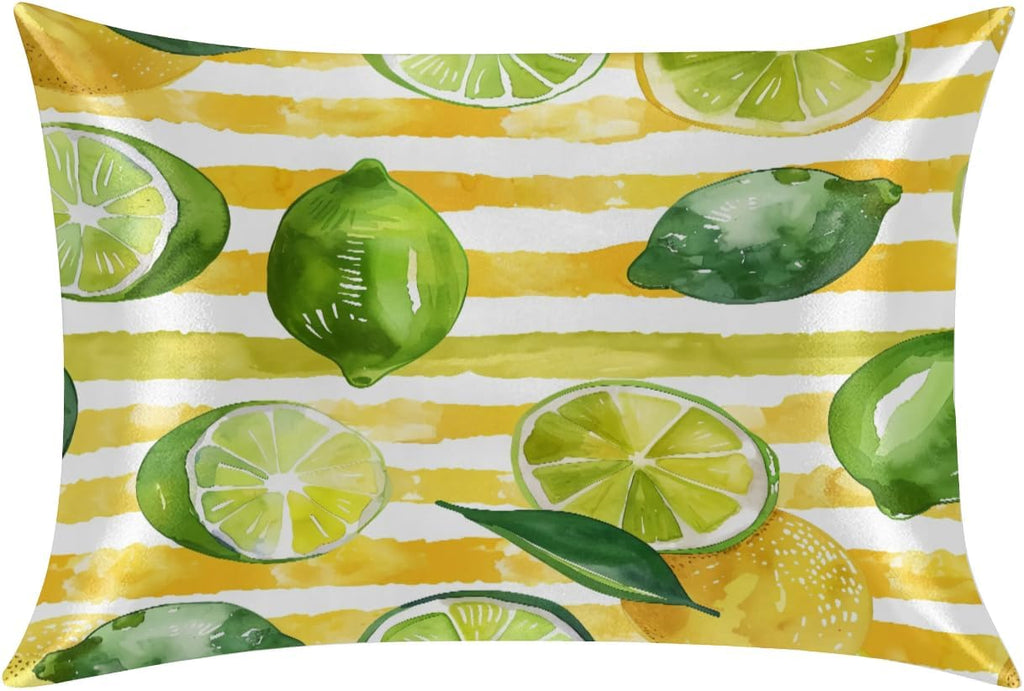 Yellow Striped Lemon Satin Pillowcase for Hair and Skin Pillow Cases Standard Size Soft Cooling Satin Pillow Covers with Zipper for Men Women 20x26 Inches