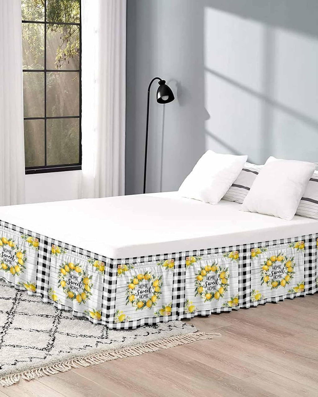 Yellow Lemon Bed Skirt Queen Size 16 Inch Drop, Adjustable Elastic Wrap Around Bed Skirts Easy Fitting Dust Ruffle Bedskirt Bed Frame Cover Farmhouse Black Buffalo Plaid Grey Wooden