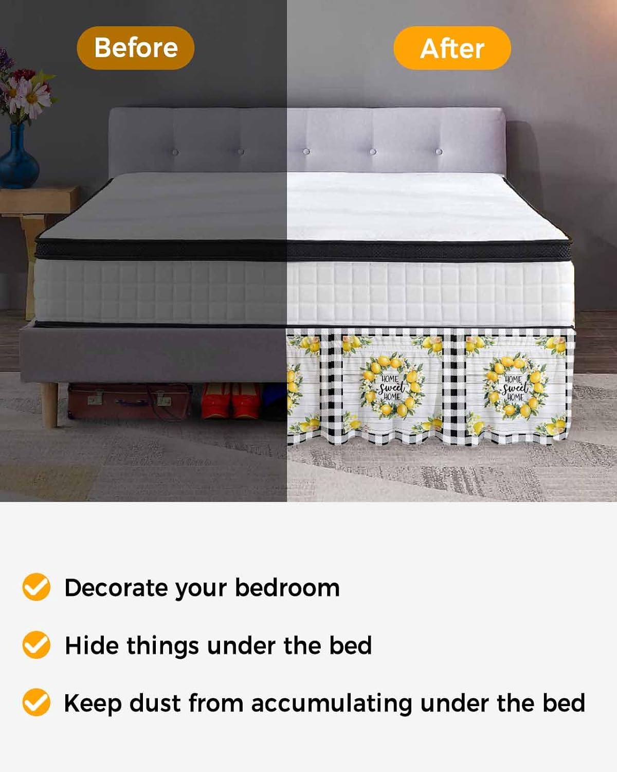 Yellow Lemon Bed Skirt Queen Size 16 Inch Drop, Adjustable Elastic Wrap Around Bed Skirts Easy Fitting Dust Ruffle Bedskirt Bed Frame Cover Farmhouse Black Buffalo Plaid Grey Wooden