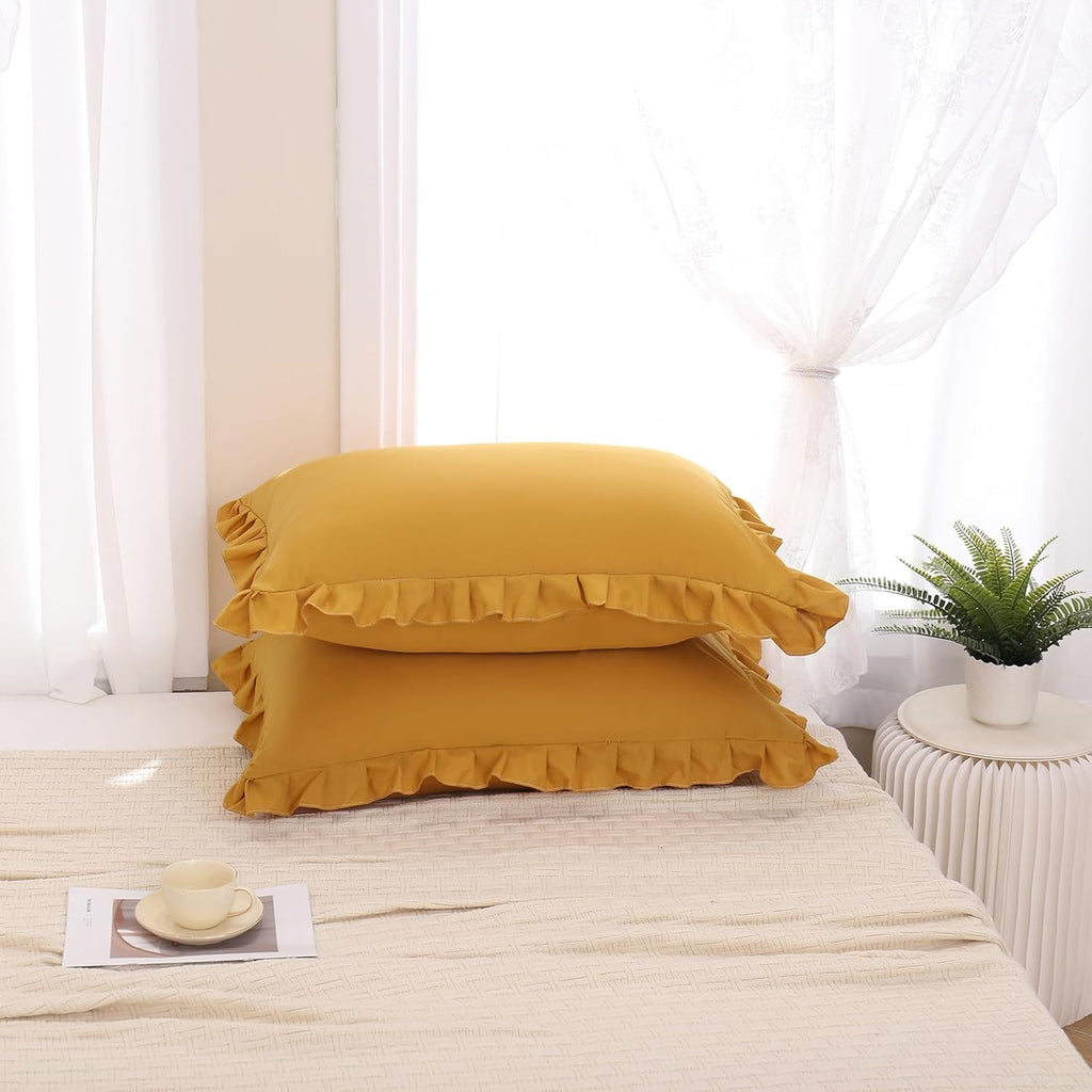 Mustard Yellow Pillowcases QueenPillowcases Set of 2 Ruffle Pillow Shams Cute Pillow Covers Solid Ruffled Fringe Design Yellow Shabby Chic Pillowcases 2 Pack