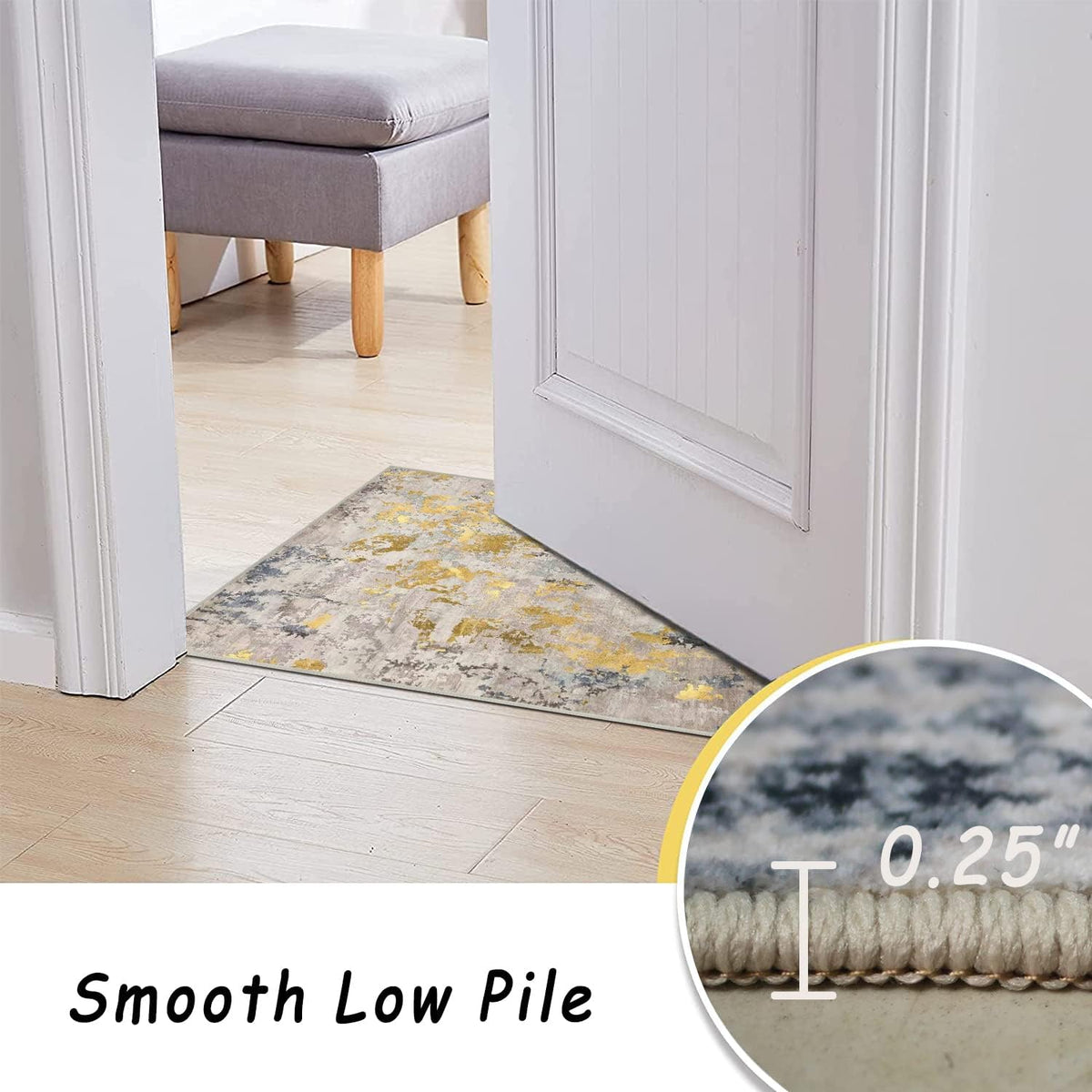 Washable Rug, Ultra Soft Area Rug 3x5, Non Slip Abstract Small Rug, Stain Resistant Rugs for Living Room Bedroom, Modern Fluffy (Grey/Mustard, 3'x5')