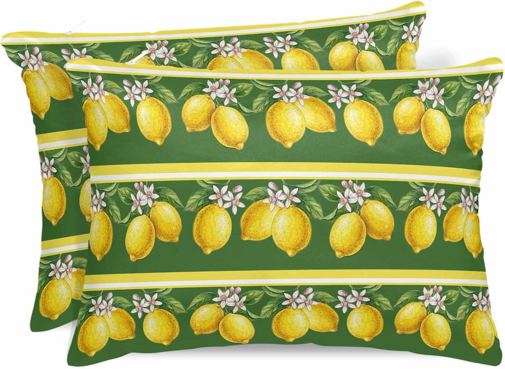 Lemon Summer 2 Packs Bed Pillow Covers Standard Decorative, Throw Pillow Cases Breathable Bedding Pillowcase, Soft Stain Pillows Shams Zipper Closure Watercolor Fruits Green Yellow Stripes 20"x26"