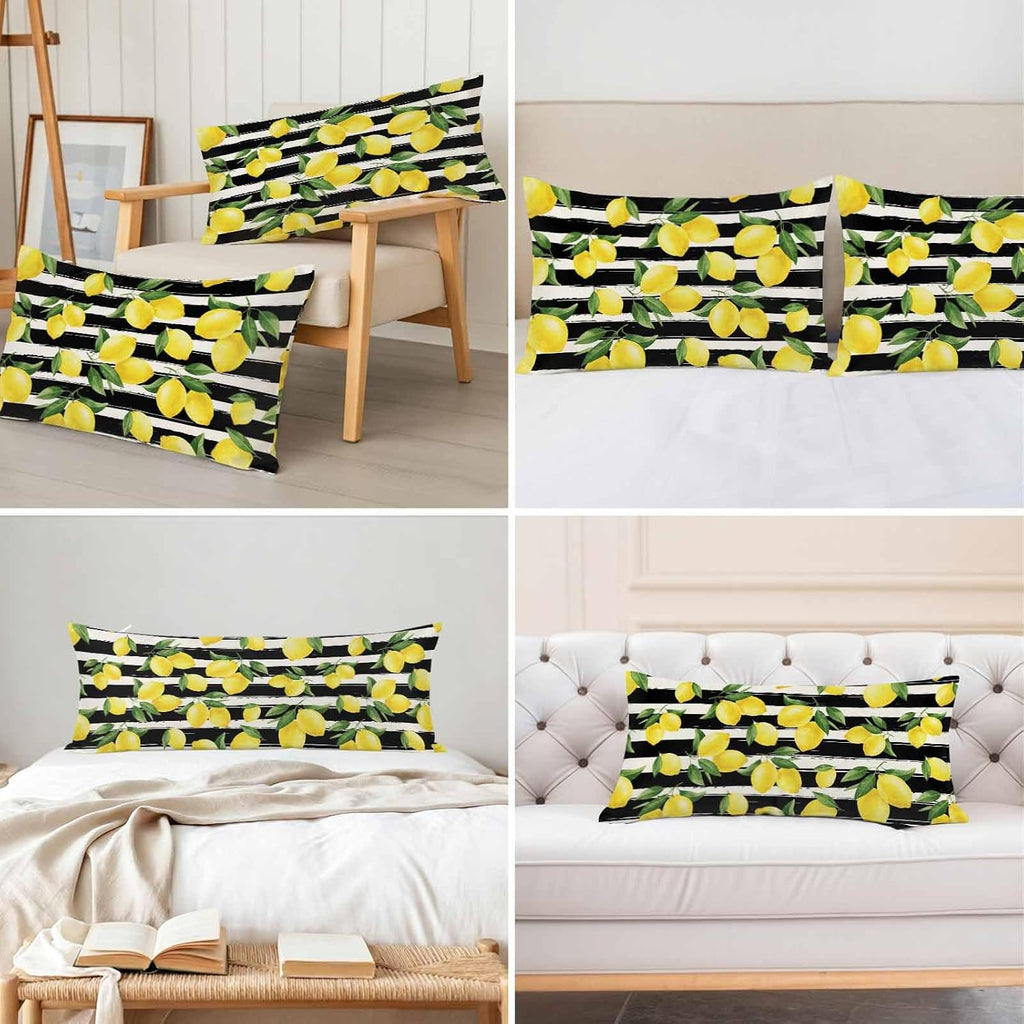 Yellow Lemon Standard Pillowcase Set of 2, Summer Fruit Black Striped Satin Pillow Case Cover with Smooth Hidden Zipper Closure, Soft Throw Pillow Covers Cases for Home Decoration 20 X 26 Inches