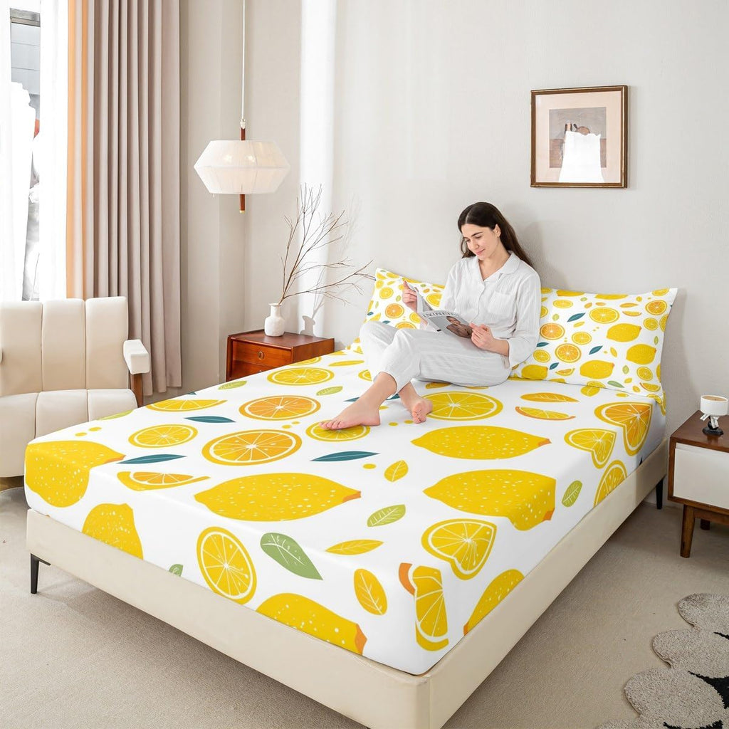 Cute Lemon Kids Bed Sheets Set,Boys Girls Twin Size,Fun Vegetable Fitted Sheet,Cartoon Farmhouse Lifestyle Design Ultra Soft Bedding Set,Yellow Large Lemon Bed Cover Bedroom Decor