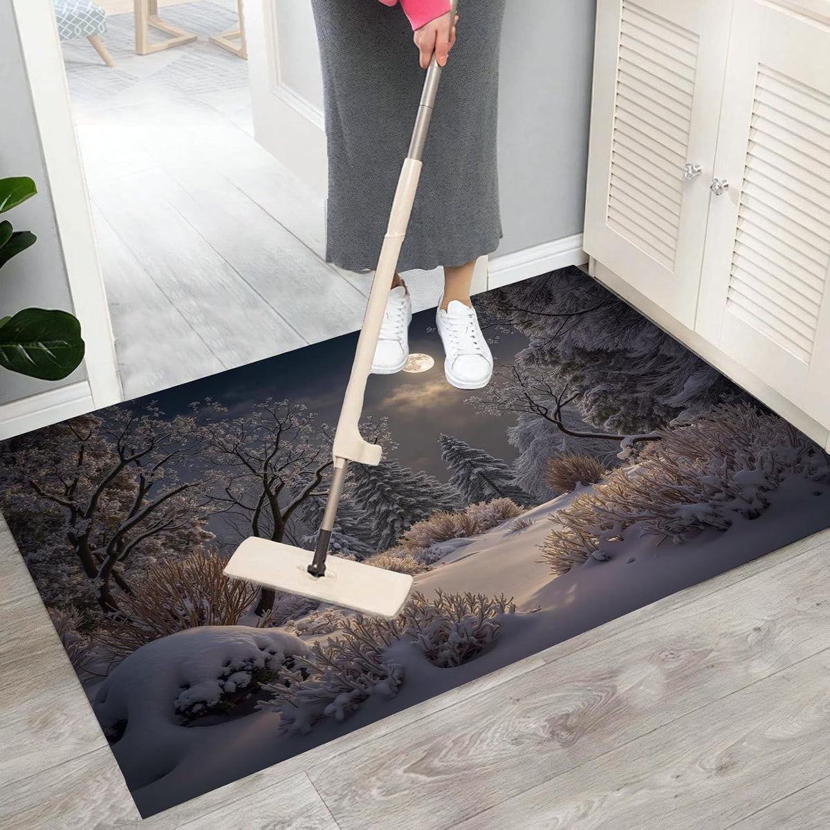 Winter Forest Snow Scene Indoor Door Mat,1'5" X 2'5", Floor Area Rug for Entryway, Living Room, Or Bathroom,Light Yellow Non-Slip Doormat,Moonlight Shining On The Snow Home Decor Rug Gifts