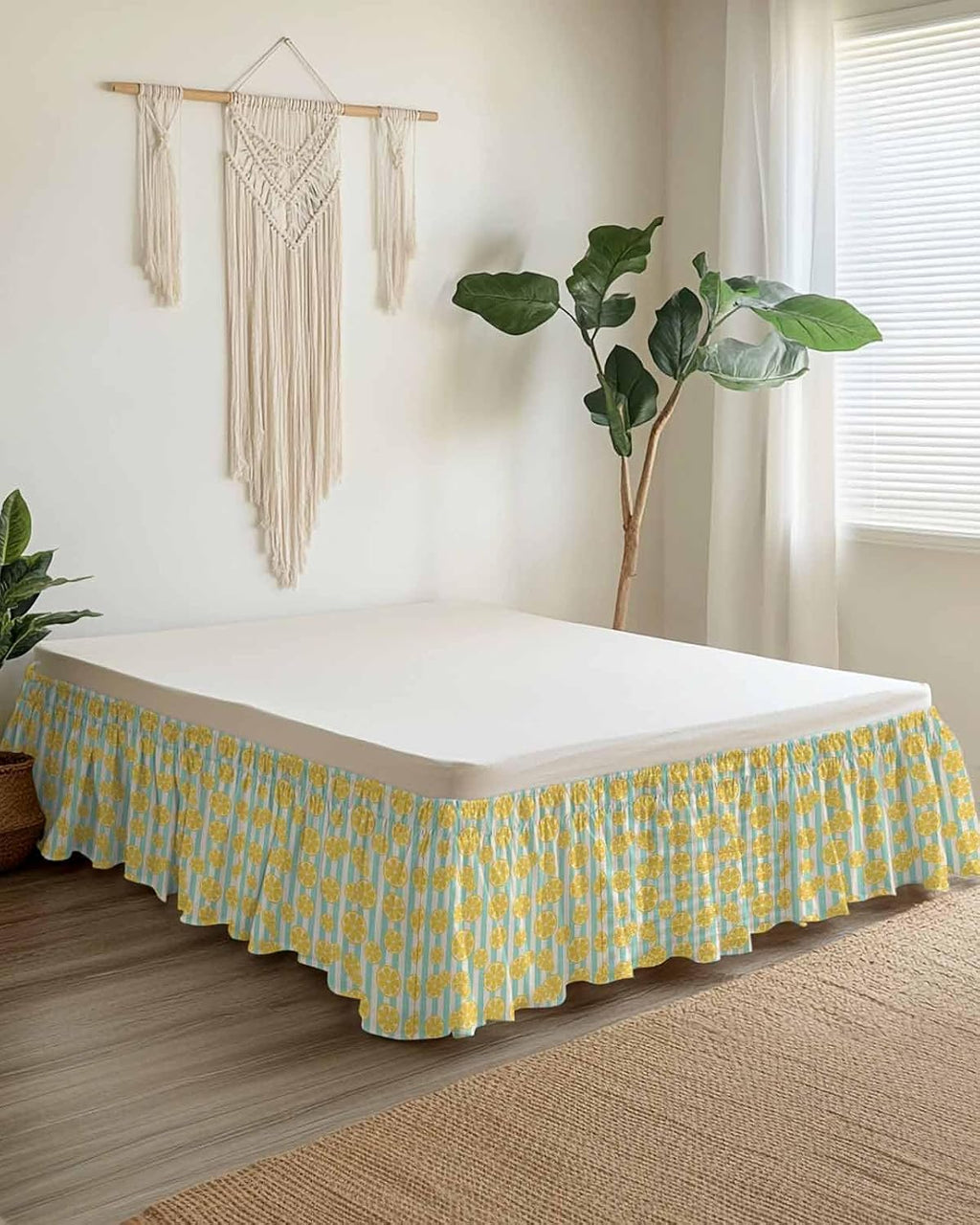 Striped Bed Skirt Queen Size 16" Drop Yellow Lemon Teal Stripes Linen Background Ruffled Wrap Around Bed Skirts Adjustable Elastic Bedskirt Dust Ruffle for Queen King California King Bed