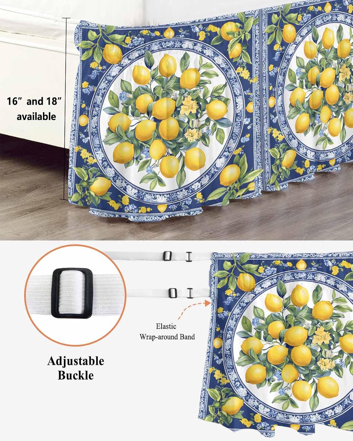 Bed Skirt Yellow Lemons Leaves Summer Blue Texture Ruffle Bed Skirt Wrap Around Bed Skirts for Queen Beds 16" Drop,Adjustable Elastic Dust Ruffles Easy Fit and Wrinkle-Free