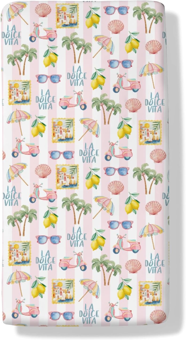 Summer Beach Baby Boys Girls Crib Sheets Coconut Palm Tree Lemon Sunglass Seashells Toddler Bedding Bed Sheets Italian Summer Coastal Fitted Crib Mattress Cover for Standard Crib Mattress 28x52 in