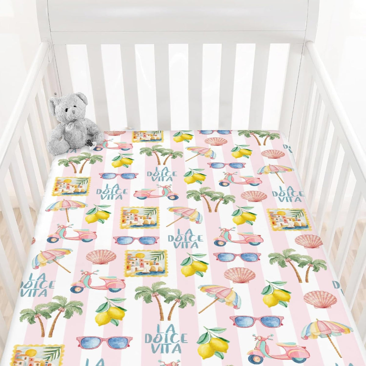 Summer Beach Baby Boys Girls Crib Sheets Coconut Palm Tree Lemon Sunglass Seashells Toddler Bedding Bed Sheets Italian Summer Coastal Fitted Crib Mattress Cover for Standard Crib Mattress 28x52 in