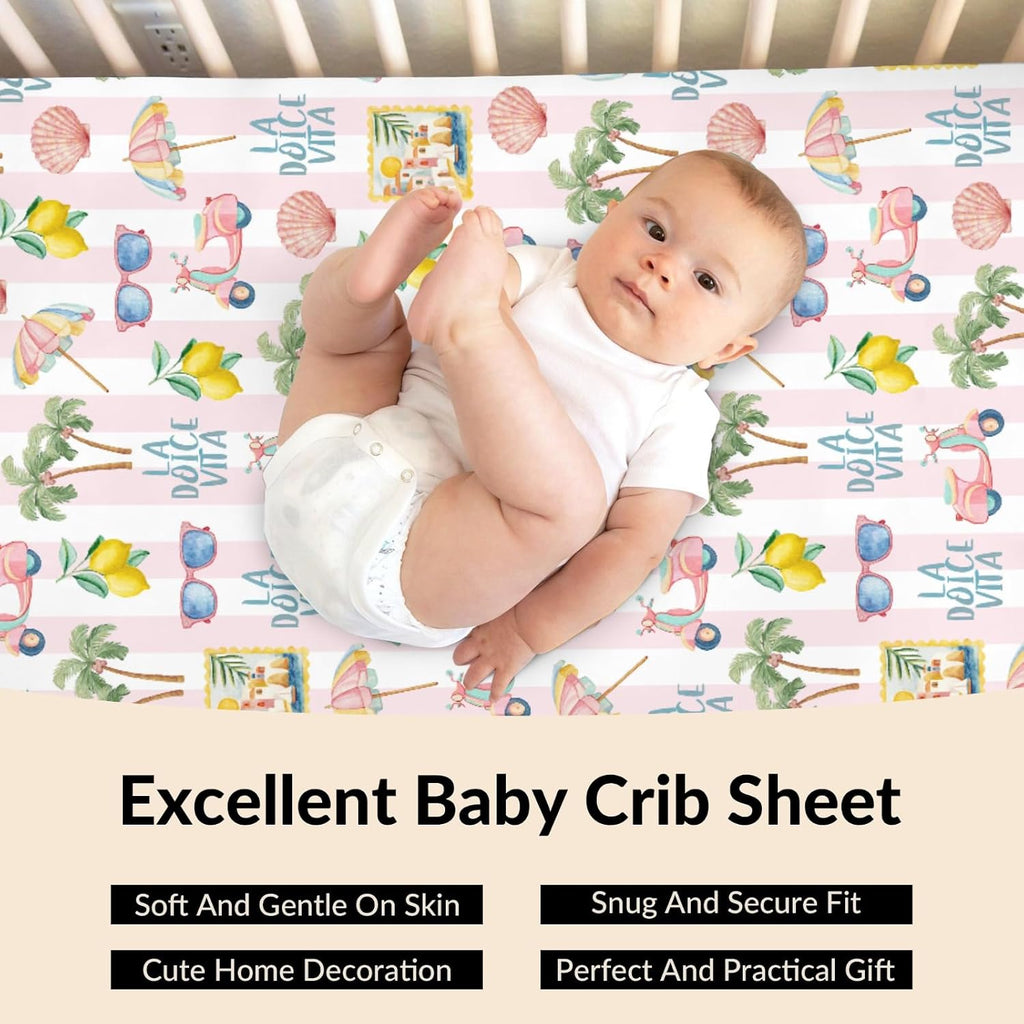 Summer Beach Baby Boys Girls Crib Sheets Coconut Palm Tree Lemon Sunglass Seashells Toddler Bedding Bed Sheets Italian Summer Coastal Fitted Crib Mattress Cover for Standard Crib Mattress 28x52 in