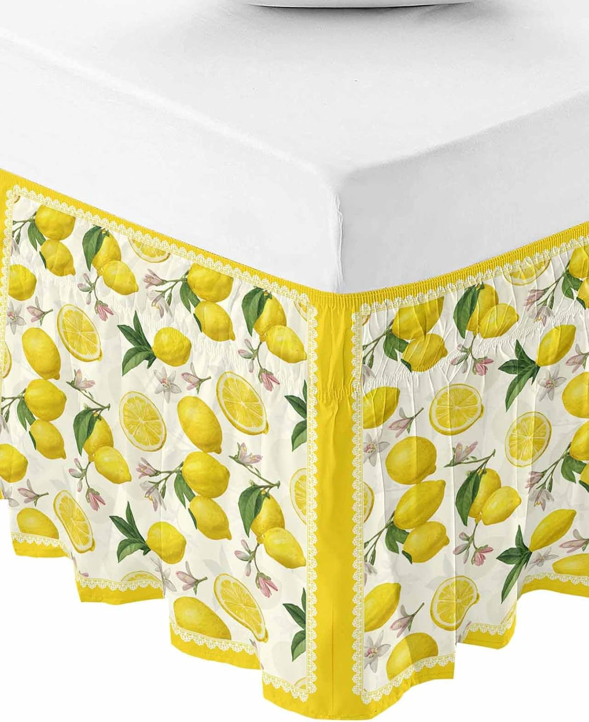 Yellow Summer Lemon Bed Skirt Queen Size 16 Inch Drop, Adjustable Elastic Wrap Around Bed Skirts Easy Fitting Dust Ruffle Bedskirt Bed Frame Cover Summer Botanical Watercolor