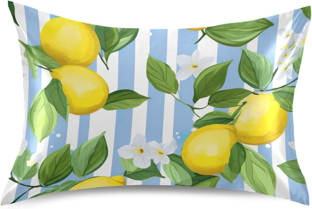 Yellow Lemon Stripe Satin Pillowcase for Hair and Skin Body Body Pillow Cases Standard Size 20"X26" Super Soft Pillow Case with Envelope Closure for Sleeping