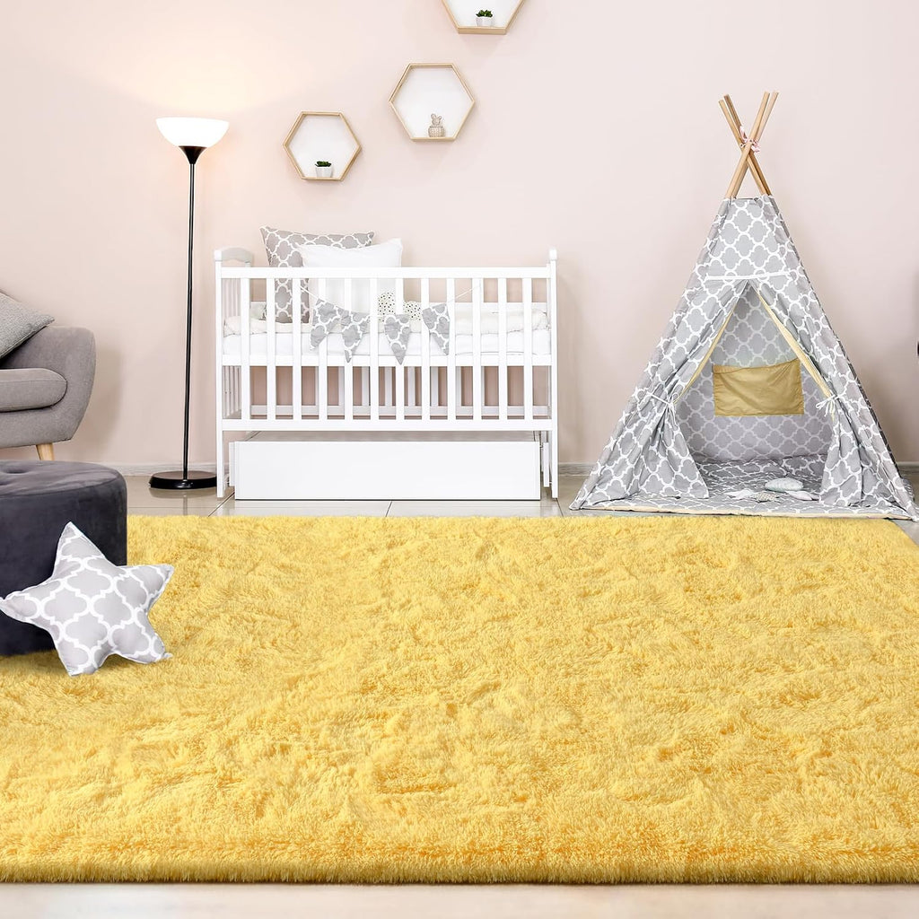 Large Area Rugs for Living Room, 5x8 Feet Yellow Shaggy Rug Fluffy Throw Carpets, Ultra Soft Plush Modern Indoor Fuzzy Rugs for Bedroom Girls Kids Nursery Room Dorm Home Decor