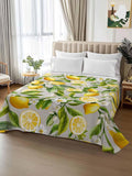 Queen Size Top Sheet Only, Summer Lemon Flower Leaf Flat Sheet Microfiber Breathable Soft Bed Sheets, Country Yellow Fruit Floral Plant Hotel Bedding Flat Sheets for Bedroom