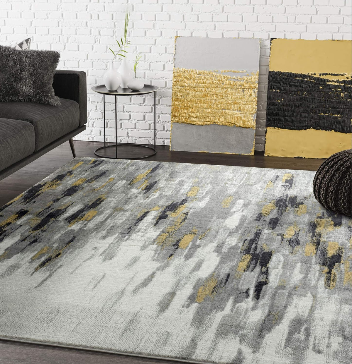 Porto PRT140C Contemporary Grey and Yellow Abstract Area Rug 5'3"x7'6"