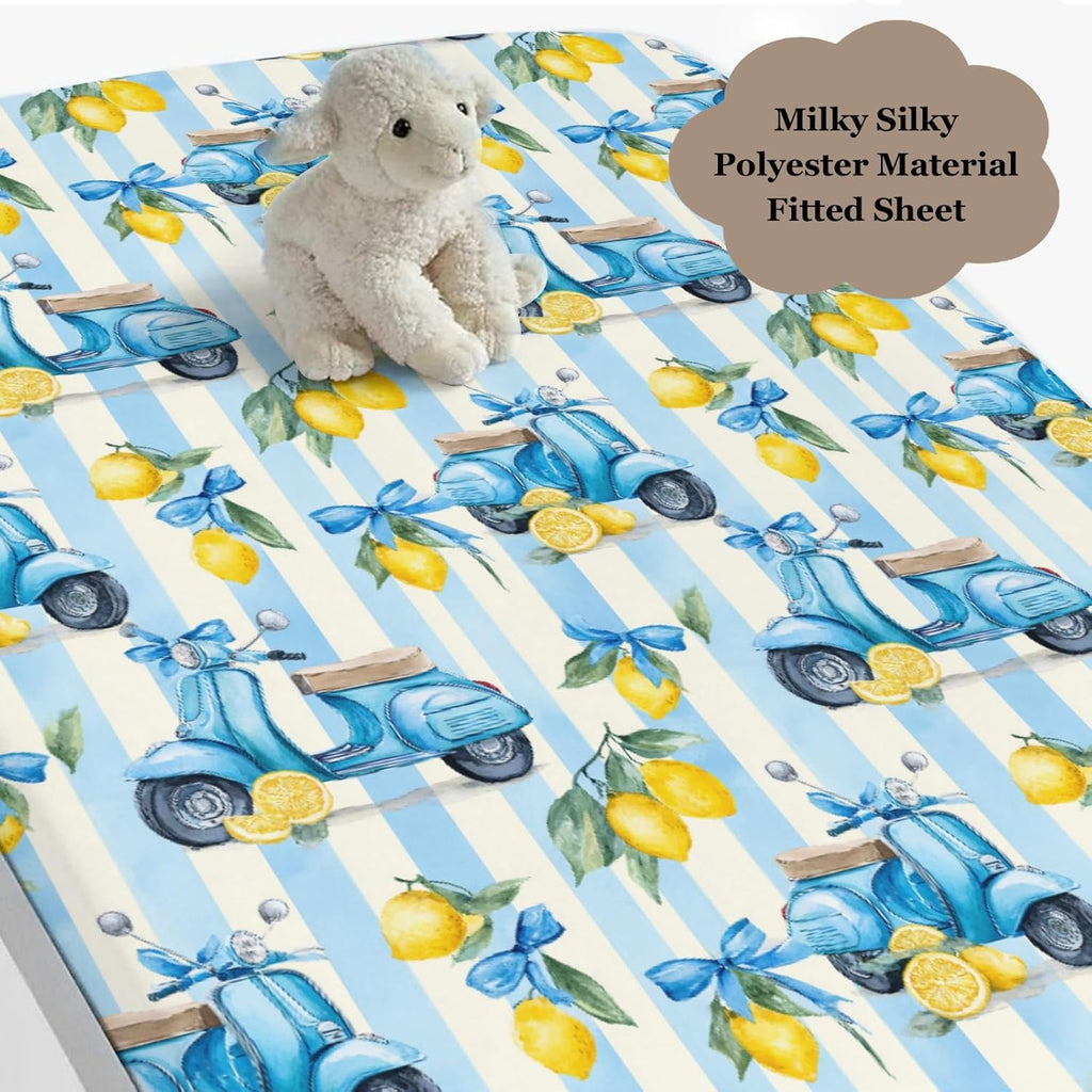 Cute Motorbike Lemon Bows Blue Stripes Baby Crib Sheets for Boy Girl 28"x52" Summer Scooters Yellow Lemons Fitted Crib Mattress Cover for Standard Crib and Toddler Italian Coastal Bed Sheet