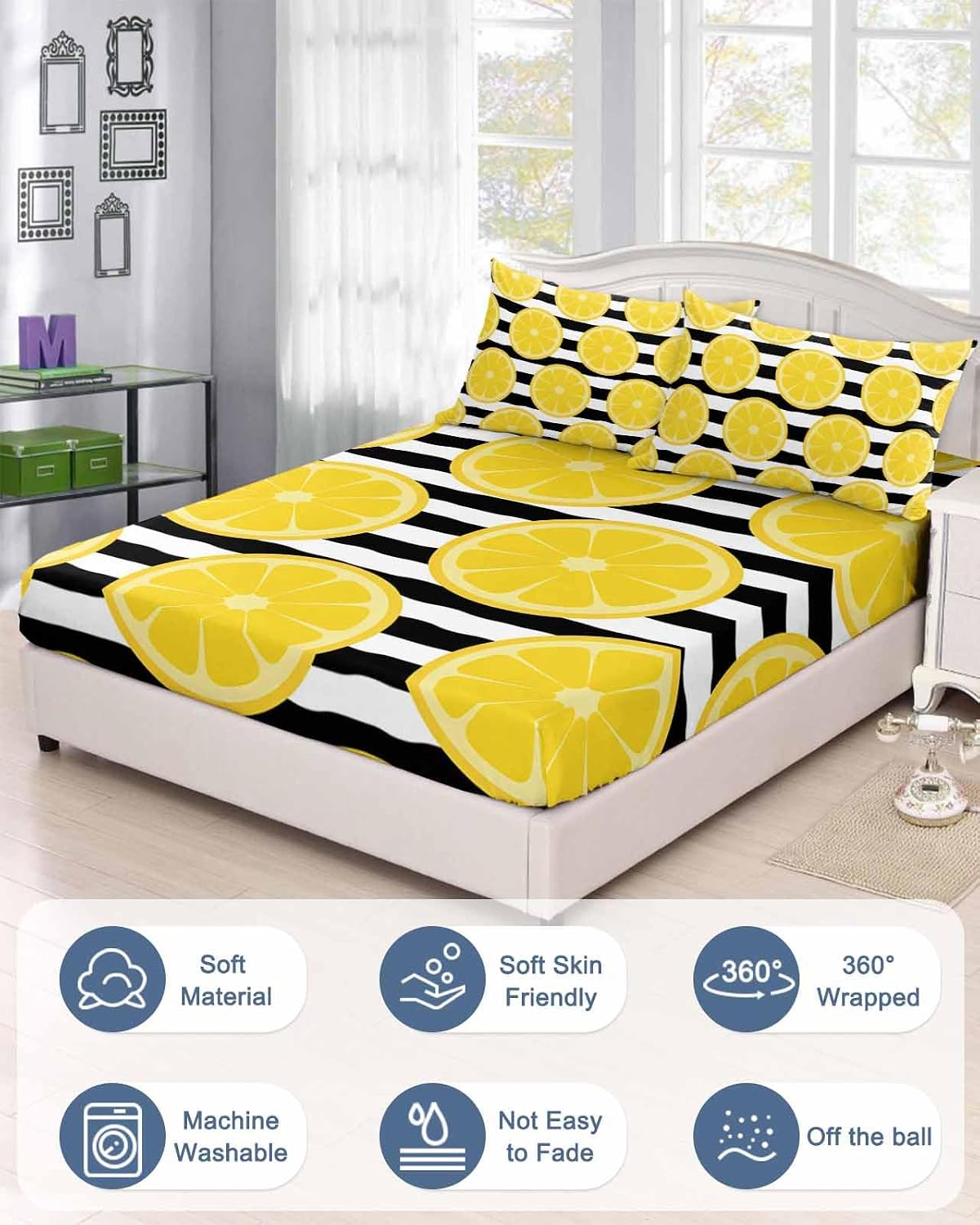Twin XL Fitted Sheet, Farmhouses Country Yellow Lemon Soft Brushed Microfiber Deep Pocket Bed Sheets Set, Black White Stripes Breathable Bottom Sheets with Pillowcase,Fits Mattress Up to 16"