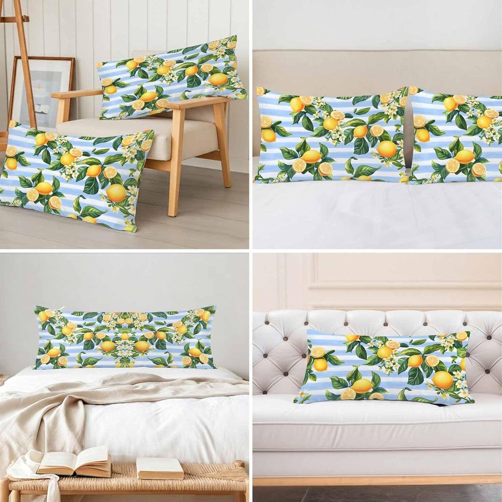 Pastoral Lemon Standard Pillowcase Set of 2, Yellow Blue Flowers Stripes Satin Pillow Case Cover with Smooth Hidden Zipper Closure, Soft Throw Pillow Covers Cases for Home Decoration 20 X 26 Inches