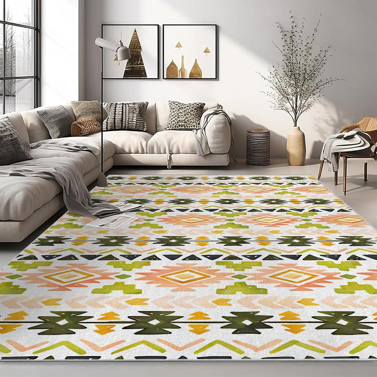 Modern Aesthetics Non-Slip Area Rug – Soft Low Pile Abstract,Machine Washable Rug for Living Room, Bedroom, Hallway – Easy Clean Decorative Home Carpet Yellow