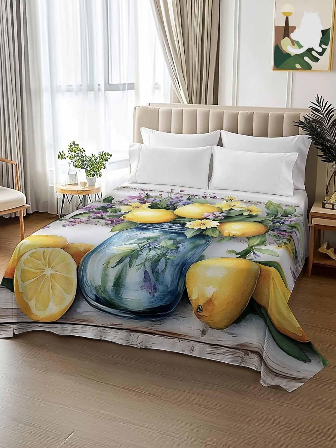 Flat Sheet, 1 Piece Top Sheet Twin Size Yellow Lemon Purple Floral Soft Breathable Bed Sheet Wood Grain Brushed Microfiber Bed Sheet, Wrinkle Resistant, Fade Resistant Bedding