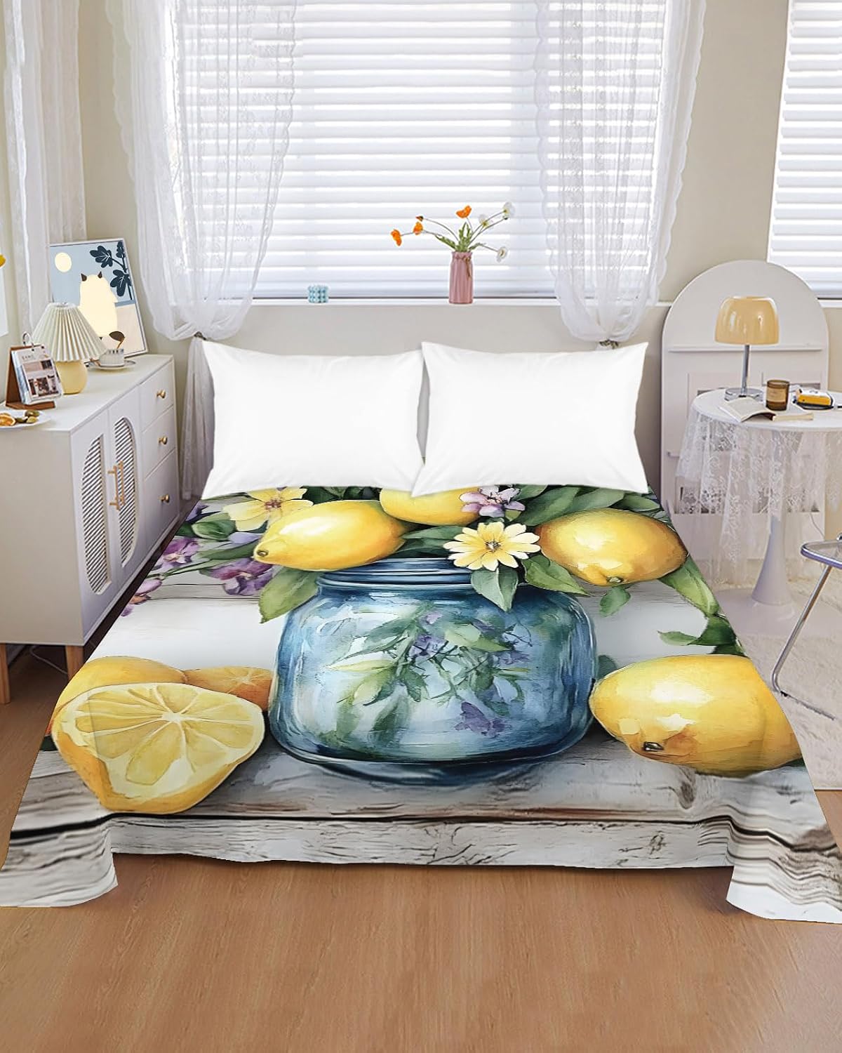 Flat Sheet, 1 Piece Top Sheet Twin Size Yellow Lemon Purple Floral Soft Breathable Bed Sheet Wood Grain Brushed Microfiber Bed Sheet, Wrinkle Resistant, Fade Resistant Bedding