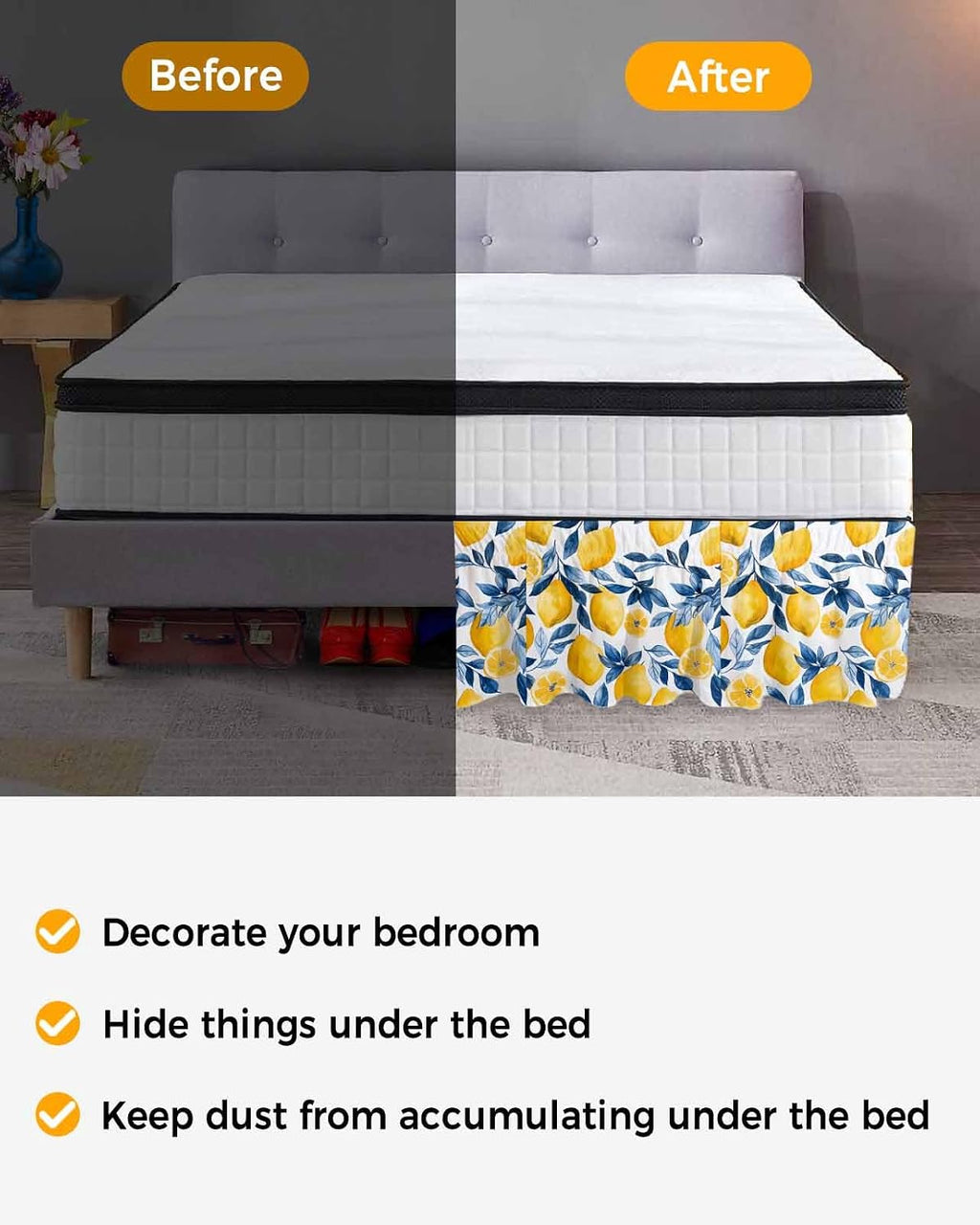 Lemon Bed Skirt Queen Size 16 Inch Drop, Adjustable Elastic Wrap Around Bed Skirts Easy Fitting Dust Ruffle Bedskirt Bed Frame Cover Watercolor Blue Yellow Branch Summer Spring