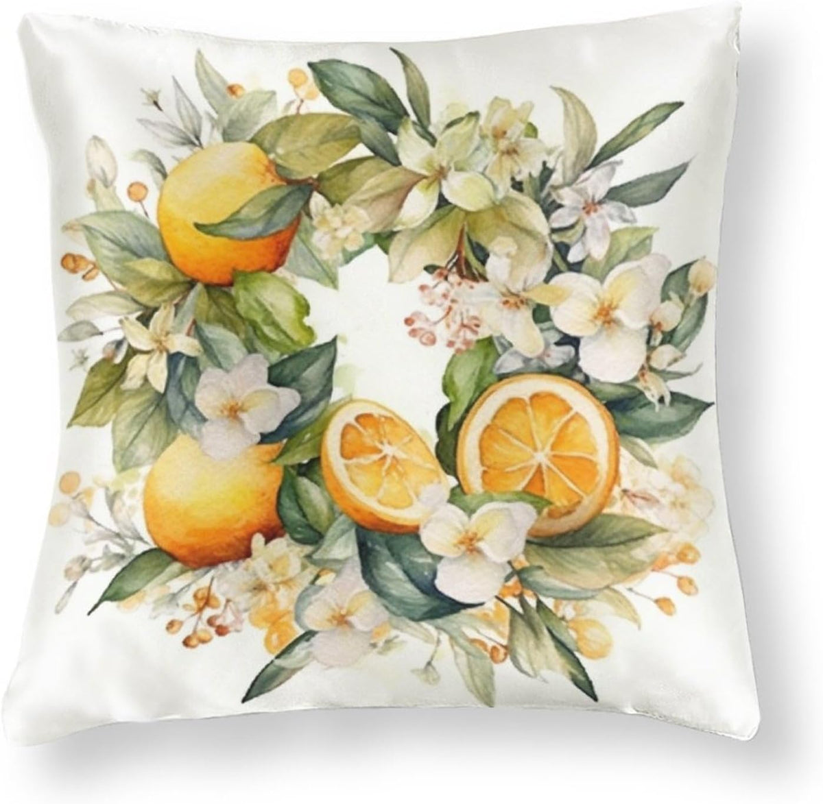 18"x18" Decorative Pillow Covers Watercolor Floral Wreath of Lemons And Flowers in Winter Satin Square Throw Pillow Covers Yellow Sweet Lemon Bed Pillows Decorative Decor for Sofa Couch Zippered