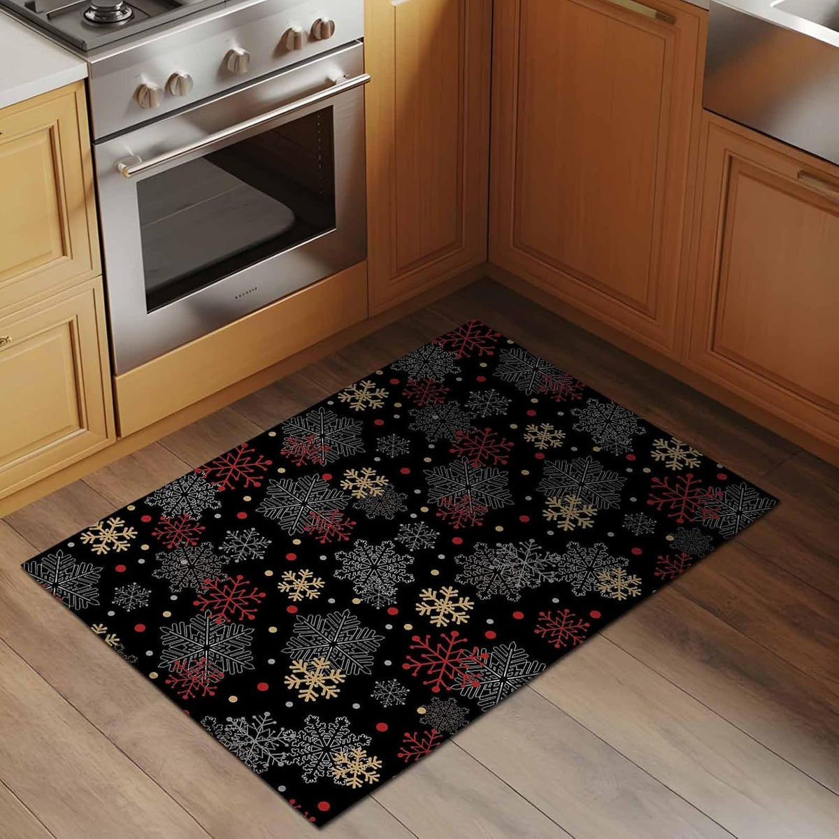 Merry Christmas 2x3 Area Rugs for Living Room, Vintage Watercolors Winter Red Yellow Black Snowflakes Black Non Slip Floor Mat Washable Low-Profile Indoor Carpet for Bedroom, Dining Room, Bathroom