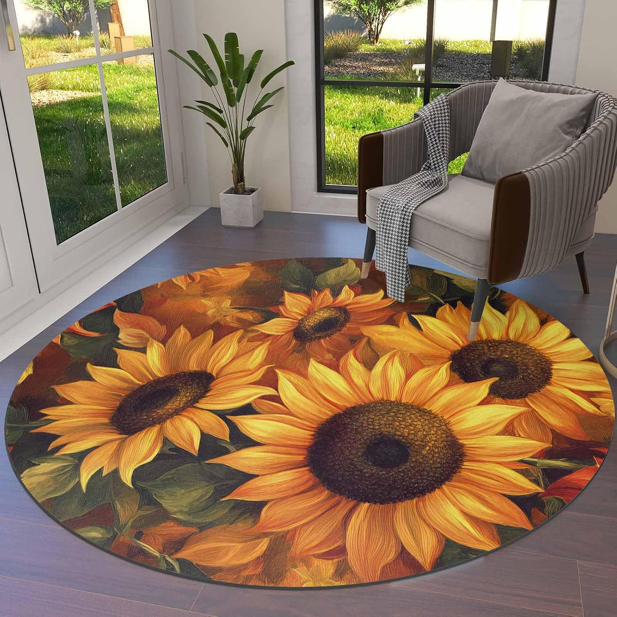 Sunflower Round Area Rug 3ft,Fall Winter Yellow Floral Plant Vintage Washable Indoor Carpet Runner Rug for Bedroom,Kitchen,Bathroom,Living/Dining/Laundry Room,Office Small Bath Door Desk Floor Mat