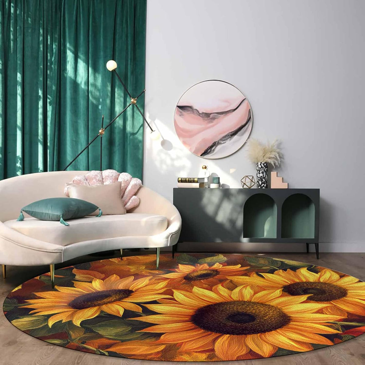 Sunflower Round Area Rug 3ft,Fall Winter Yellow Floral Plant Vintage Washable Indoor Carpet Runner Rug for Bedroom,Kitchen,Bathroom,Living/Dining/Laundry Room,Office Small Bath Door Desk Floor Mat
