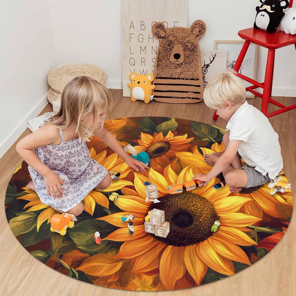Sunflower Round Area Rug 3ft,Fall Winter Yellow Floral Plant Vintage Washable Indoor Carpet Runner Rug for Bedroom,Kitchen,Bathroom,Living/Dining/Laundry Room,Office Small Bath Door Desk Floor Mat