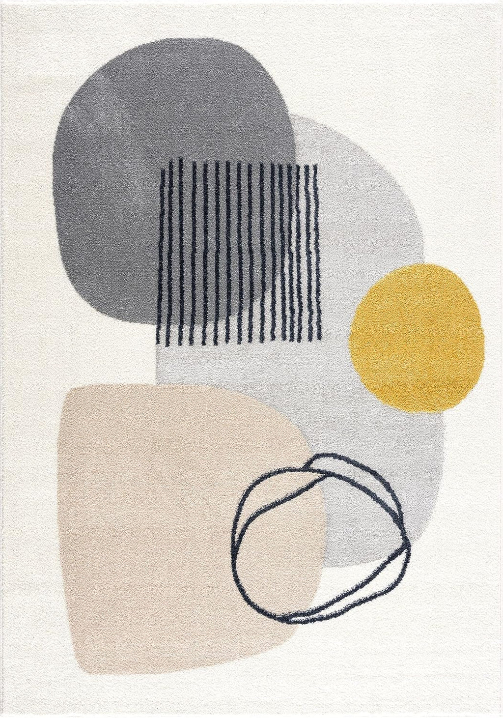 Rugs Cream and Gray 6 ft. X 9 ft. Mid-Century Rug with Circles and Lines. Neutral Tones of Cream, Gray and a pop of Yellow. Minimalistic Design Turkish Stain Resistant Area Rug.