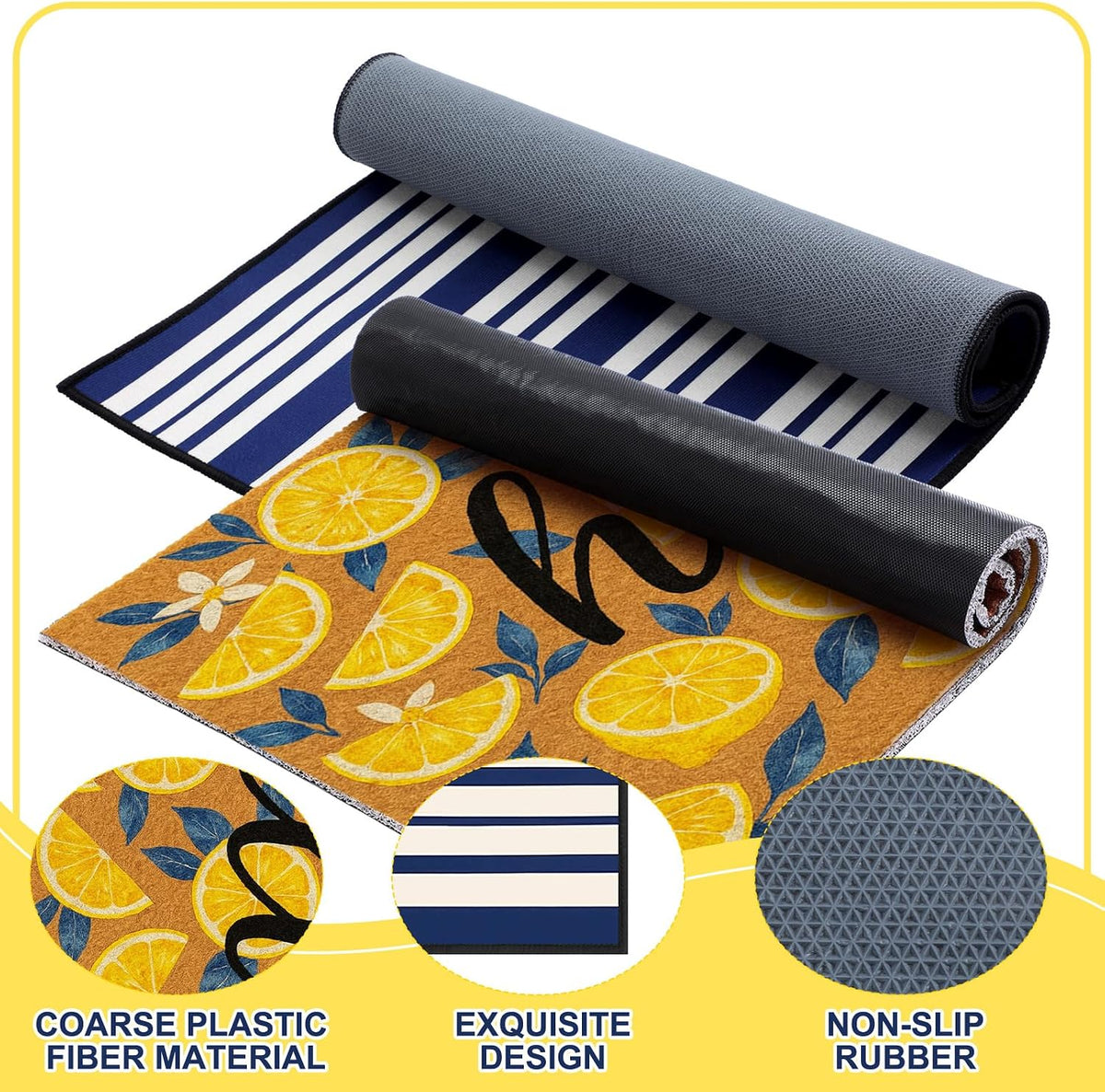 2 Pcs Lemons Doormat Set 18" x 30" Hello Lemon Outdoor Rug and 24" x 35" Navy White Striped Area Rug Italian Non-Slip Welcome Front Door Mat for Summer Indoor Outdoor Porch Entryway Decor
