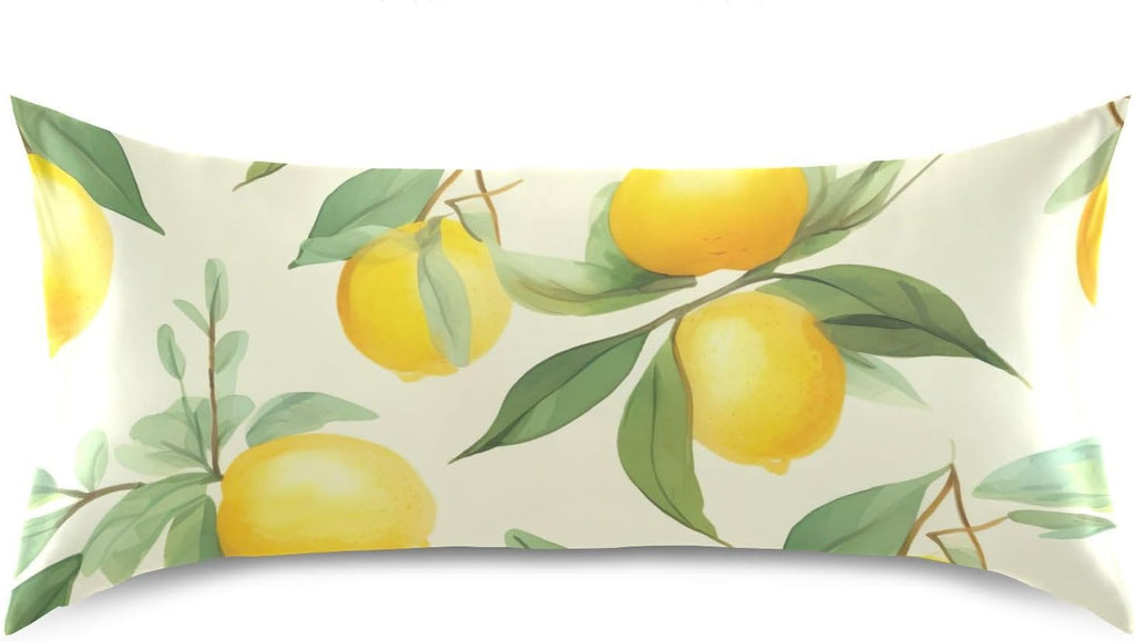 Lemons Leaves Flowers Yellow Satin Pillowcase for Hair and Skin Body Bed Pillow Cases Standard Size 20"X26" Pillow Case Protector with Envelope Closure for Women