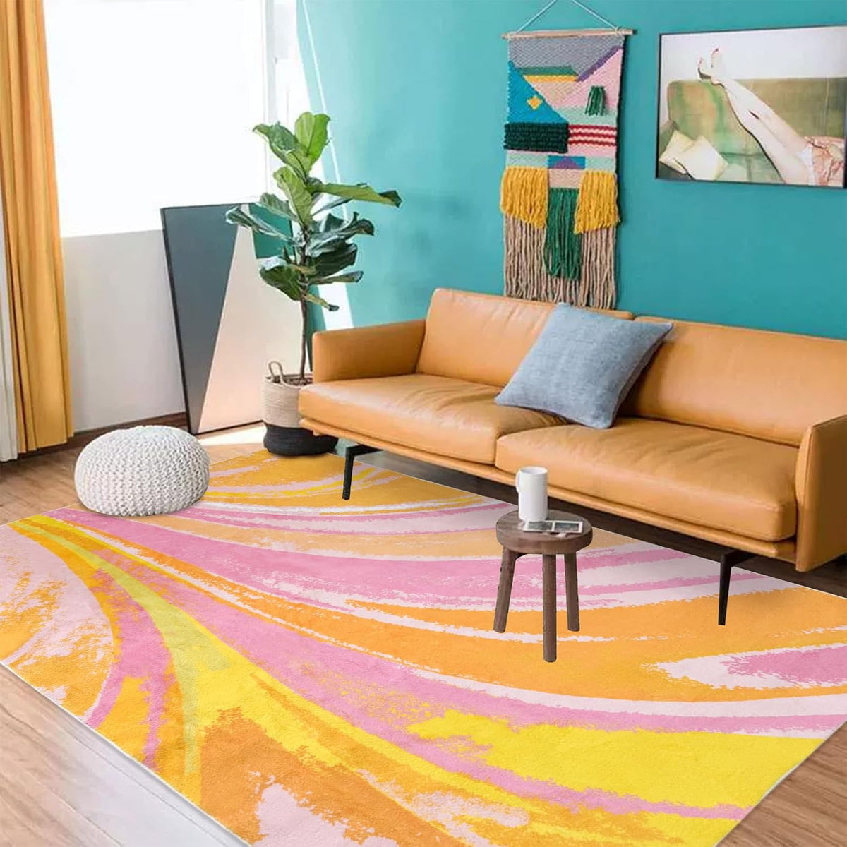 Colorful Striped Area Rug, Soft Fluffy Shaggy Decor Rug Non-Slip Washable Carpet for Bedroom, Living Room, Entryway, Pink and Yellow, 47'x71'