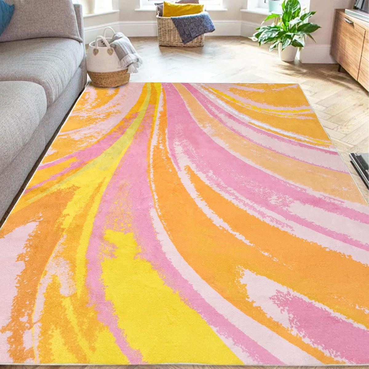 Colorful Striped Area Rug, Soft Fluffy Shaggy Decor Rug Non-Slip Washable Carpet for Bedroom, Living Room, Entryway, Pink and Yellow, 47'x71'